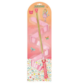 Ein rosa-grüner Feen-Zauberstab mit Schleifen, verpackt mit Blumen- und Schmetterlingsmotiv, beschriftet mit Zauberband.