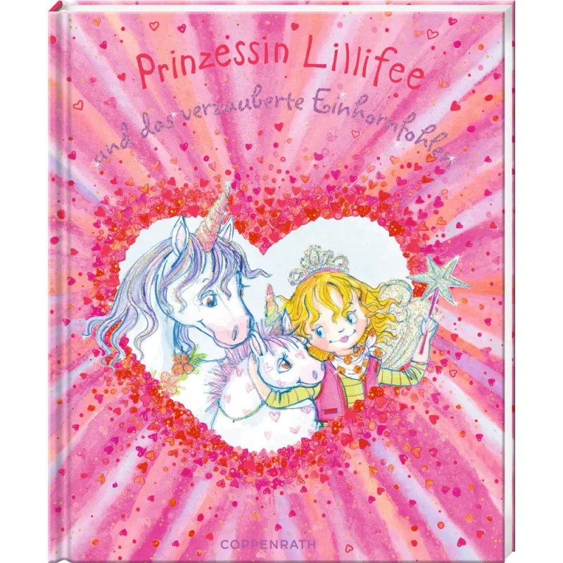 Rosa Buchcover mit Prinzessin Lillifee, Einhorn und Fohlen in einem Herz, umgeben von Glitzer und Herzen.