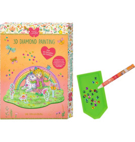 3D-Diamant-Malset mit Märchenmotiv, bunten Steinen sowie grünem Sortiertablett und Werkzeug.