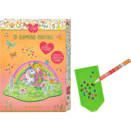 3D-Diamant-Malset mit Märchenmotiv, bunten Steinen sowie grünem Sortiertablett und Werkzeug.
