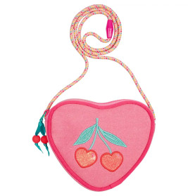 Herzförmige rosa Tasche mit Kirschmuster, Regenbogengurt und pinkem Verschluss.