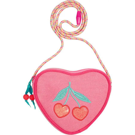 Herzförmige rosa Tasche mit Kirschmuster, Regenbogengurt und pinkem Verschluss.
