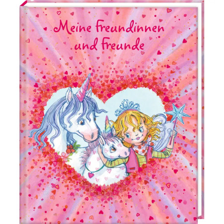 Rosa Buchcover mit Einhörnern, einem Mädchen im Herzen und dem Titel "Meine Freundinnen und Freunde" auf Deutsch.