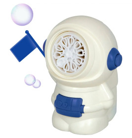 Weißes Astronauten-Seifenblasen-Spielzeug mit blauen Akzenten, das Blasen macht und eine blaue Fahne hält.