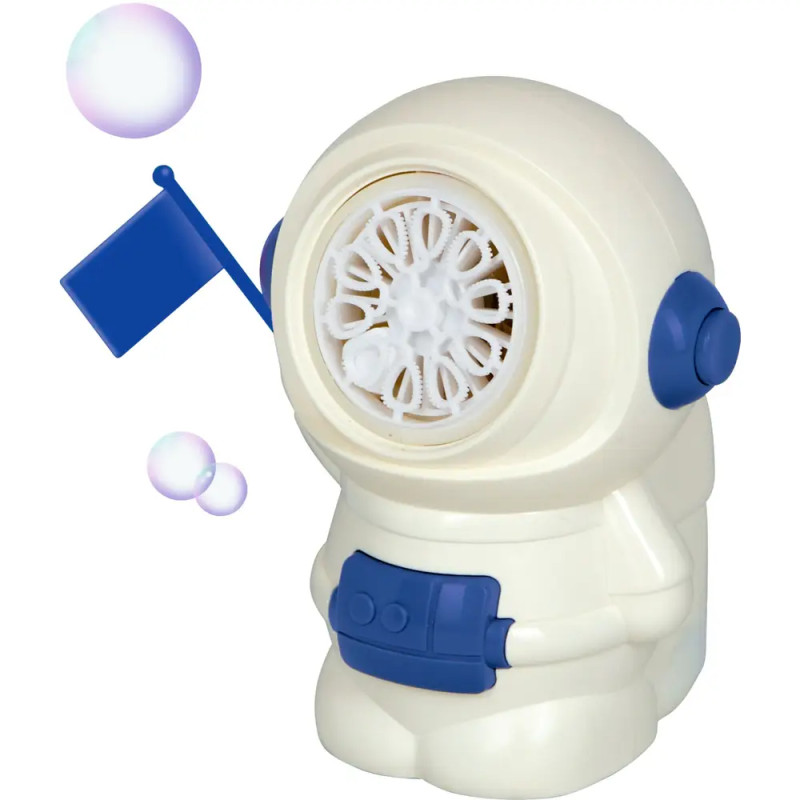 Weißes Astronauten-Seifenblasen-Spielzeug mit blauen Akzenten, das Blasen macht und eine blaue Fahne hält.