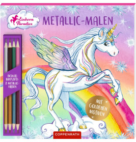 Bunte Box mit Regenbogen-Einhorn, Flügeln und Stiften, beschriftet mit Metallic-Malen und Mit goldenen Motiven.