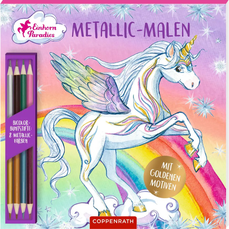 Bunte Box mit Regenbogen-Einhorn, Flügeln und Stiften, beschriftet mit Metallic-Malen und Mit goldenen Motiven.