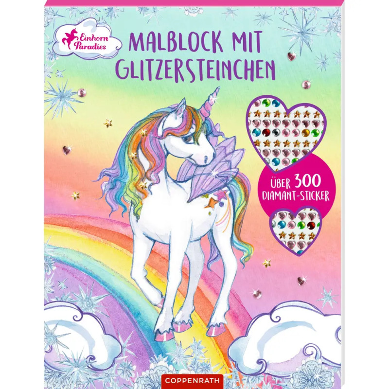 Buntes Einhorn auf Regenbogen mit Glitzerstickern, deutschem Text und pastellfarbenem Himmel im Hintergrund.