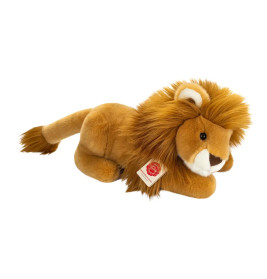 Ein Plüschlöwe mit flauschiger Mähne und Etikett liegt auf weißem Hintergrund.