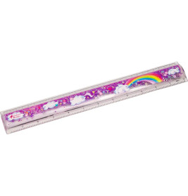 Durchsichtiges Lineal mit lila Glitzer, Wolken, Sternen und einem Regenbogen am oberen Rand.