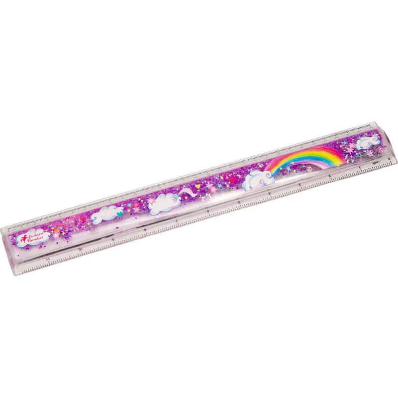 Durchsichtiges Lineal mit lila Glitzer, Wolken, Sternen und einem Regenbogen am oberen Rand.