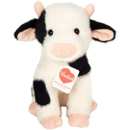 Schwarz-weißes Plüschtier-Kuh mit rosa Nase und einem Halsband, an dem ein Anhänger "Herzekind" hängt.