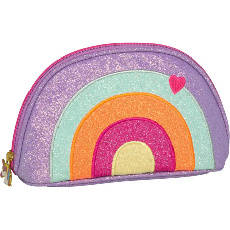 Glitzerndes lila Täschchen mit Regenbogen- und Herzmotiv, geschlossen mit einem rosa Reißverschluss.