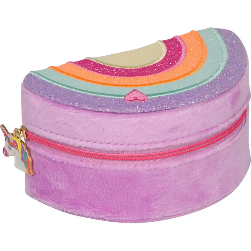 Lilanes Plüsch-Etui mit Reißverschluss, Regenbogenmotiv oben und Zipper in Einhornform.