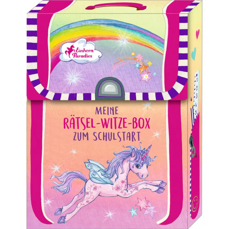 Bunte Box mit Regenbogen, Sternen und geflügeltem Einhorn deutscher Text zu Rätsel- und Scherzbox zum Schulanfang.