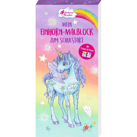 Bunte Box mit geflügeltem, blauem Einhorn und Sternen, beschriftet mit "Mein Einhorn-Malblock zum Schulstart".