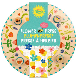 Runde, bunte Blumenpresse mit Blumen- und Bienendekor, beschriftet auf Englisch, Deutsch und Französisch.