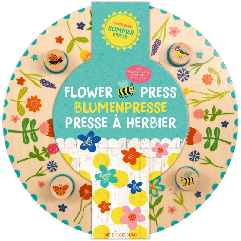 Runde, bunte Blumenpresse mit Blumen- und Bienendekor, beschriftet auf Englisch, Deutsch und Französisch.