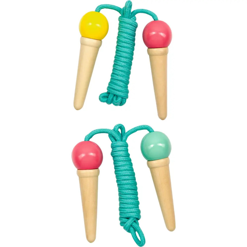 Zwei bunte Springseile mit türkisfarbenen Kordeln und Holzgriffen in Kegelform, oben jeweils eine runde Kugel.