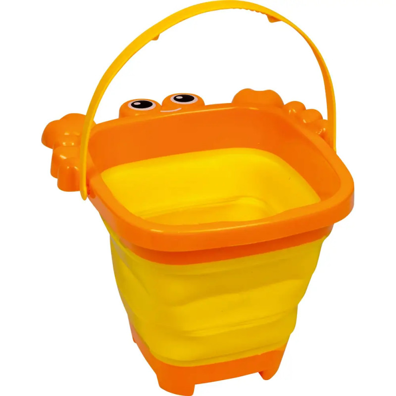 Gelber und orangefarbener, faltbarer Eimer mit Krebs-Motiv und Henkel, ideal für Kinder.