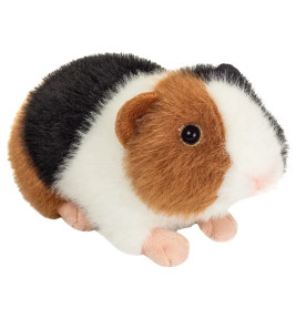 Ein Plüschmeerschweinchen mit braunem, schwarzem und weißem Fell sowie kleinen rosa Füßen, das nach rechts blickt.