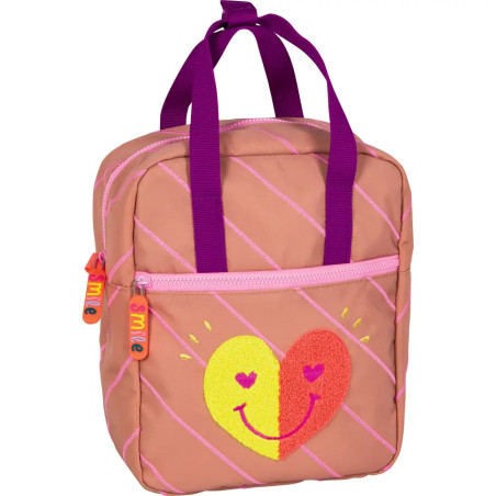 Pfirsichfarbener Rucksack mit violetten Trägern und herzförmigem Smiley auf der Fronttasche.