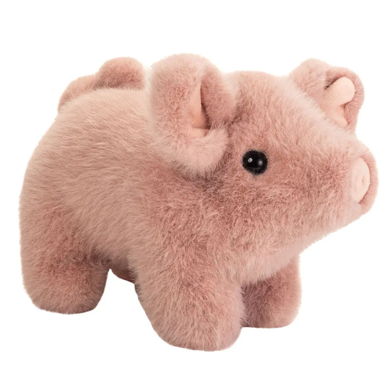 Ein weiches, rosa Plüschschwein mit schwarzen Augen steht auf allen vieren vor weißem Hintergrund.