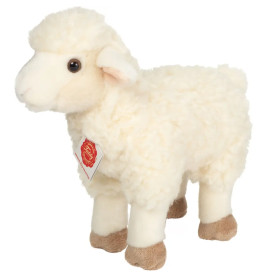 Weißes Plüschschaf mit flauschigem Fell, braunen Füßen und rotem Anhänger am Hals.