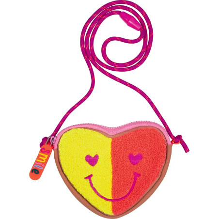 Herzförmiges Etui mit Smiley, pink-gelben Hälften und pinkem Band mit Smile-Anhänger.