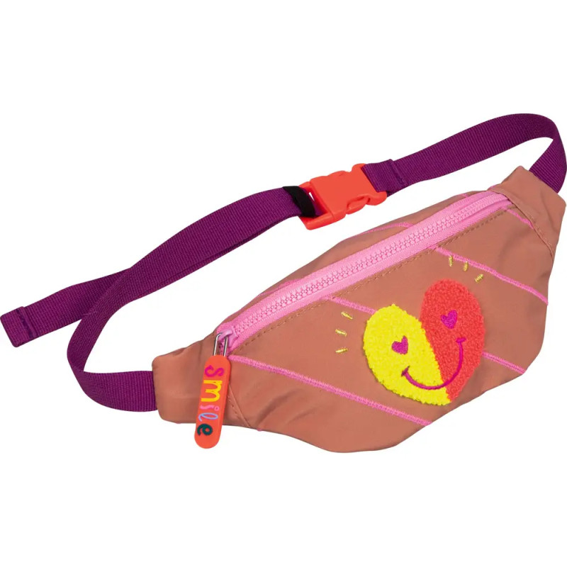 Pink-lila Bauchtasche mit Herz-Smiley-Motiv und Reißverschluss-Anhänger mit der Aufschrift SMILE.