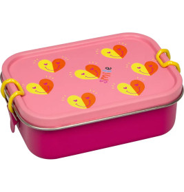 Rosa Brotdose mit Deckel, verziert mit gelben und orangefarbenen Herzchen und dem Schriftzug "Smile" in der Mitte.