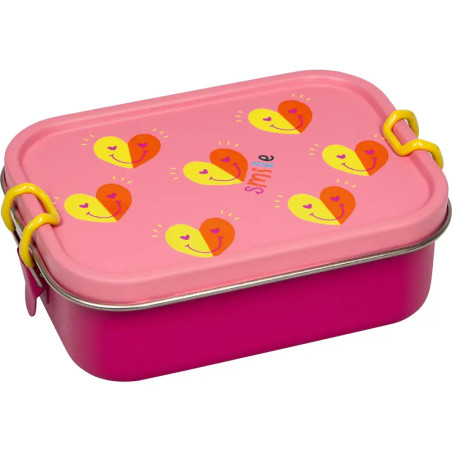 Rosa Brotdose mit Deckel, verziert mit gelben und orangefarbenen Herzchen und dem Schriftzug "Smile" in der Mitte.
