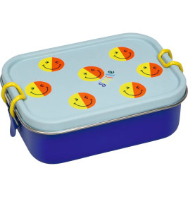 Blaue Brotdose mit hellblauem Deckel, verziert mit gelben und orangen Smileys sowie dem Schriftzug "smile".