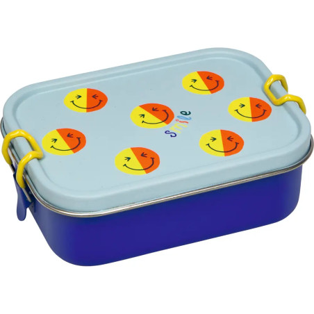 Blaue Brotdose mit hellblauem Deckel, verziert mit gelben und orangen Smileys sowie dem Schriftzug "smile".