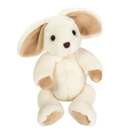 Weißes Plüschhasenspielzeug mit langen Schlappohren und beigen Akzenten sitzt aufrecht.