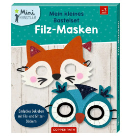 Bastelset mit Fuchs- und Eulen-Filzmasken, beschriftet mit "Mein kleines Bastelset Filz-Masken".