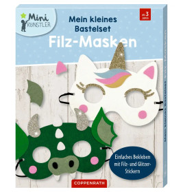 Bastelset für Kinder ab 3 Jahren, Box zeigt Filzmasken von Einhorn und Drache.