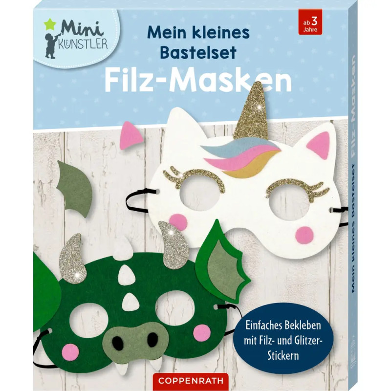 Bastelset für Kinder ab 3 Jahren, Box zeigt Filzmasken von Einhorn und Drache.