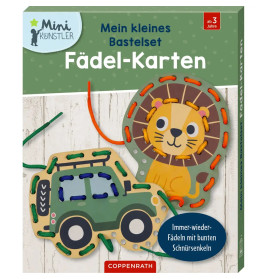 Bastelset mit Löwe, Jeep und bunten Schnüren zum Auffädeln, geeignet für Kinder ab 3 Jahren.