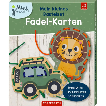 Bastelset mit Löwe, Jeep und bunten Schnüren zum Auffädeln, geeignet für Kinder ab 3 Jahren.