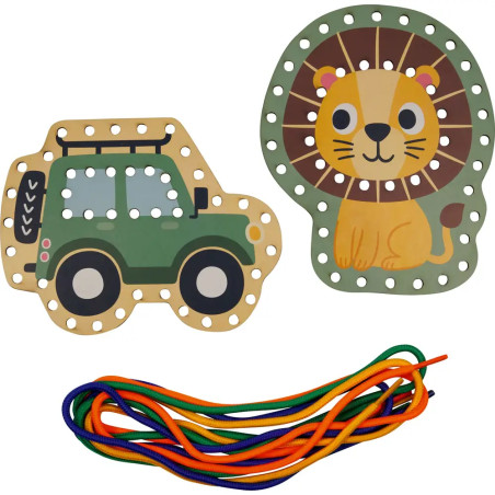 Mein kleines Bastelset: Fädel-Karten - Löwe / Jeep