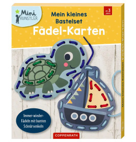 Bastelset mit Schnürkarten: Schildkröte und Boot, bunte Schnüre, Beschriftung auf Deutsch.