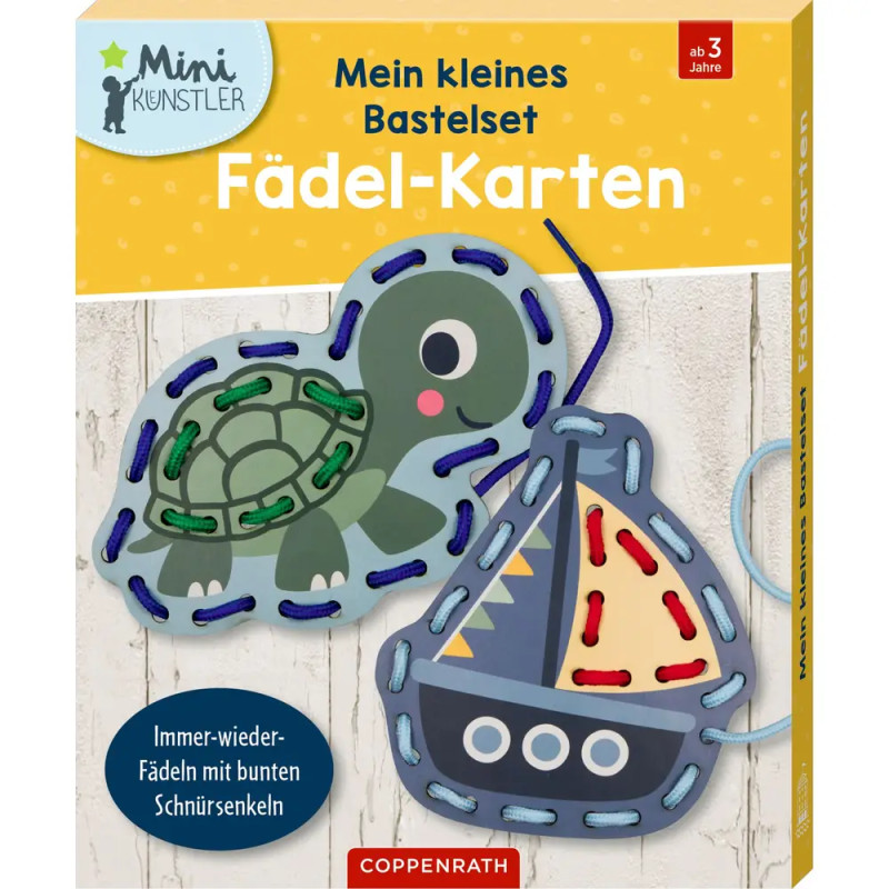 Bastelset mit Schnürkarten: Schildkröte und Boot, bunte Schnüre, Beschriftung auf Deutsch.