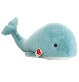 Weicher, hellblauer Plüschwal mit kleinem Etikett nahe der Flosse.