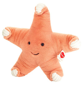 Plüsch-Seestern in Orange mit weiß abgesetzten Armspitzen und einem freundlichen, lächelnden Gesicht.