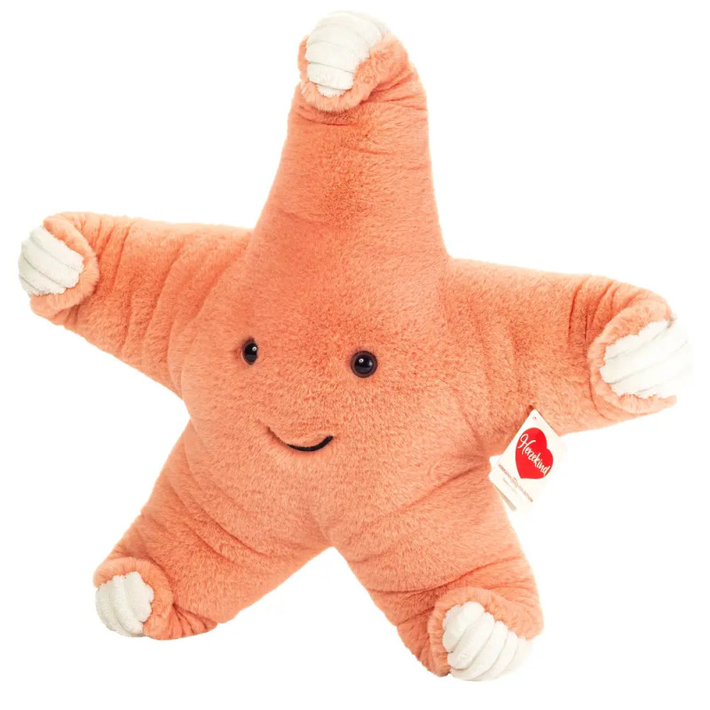 Plüsch-Seestern in Orange mit weiß abgesetzten Armspitzen und einem freundlichen, lächelnden Gesicht.