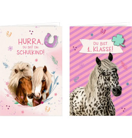 Grußkarte mit Wegbegleiter-Pin – Du bist 1. Klasse! / Hurra, du bist ein Schulkind! - (Pferdefreunde