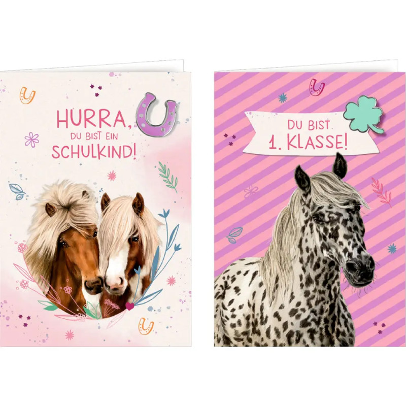 Grußkarte mit Wegbegleiter-Pin – Du bist 1. Klasse! / Hurra, du bist ein Schulkind! - (Pferdefreunde