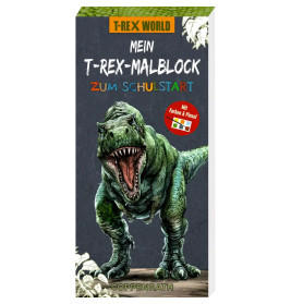 Ein brüllender T-Rex ziert das Cover von "Mein T-Rex-Malblock zum Schulstart" mit Pinsel- und Farbpaletten-Icons.