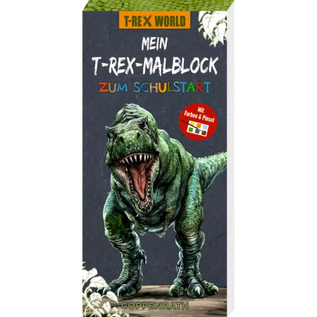 Ein brüllender T-Rex ziert das Cover von "Mein T-Rex-Malblock zum Schulstart" mit Pinsel- und Farbpaletten-Icons.